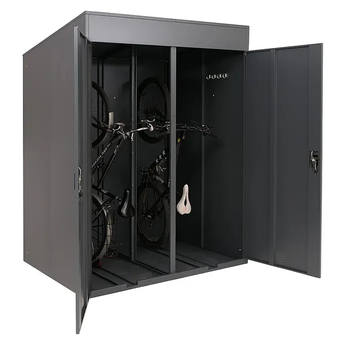 Proregal Fahrradgarage 2er abschließbar - 125 x 158 x 213 cm, Grau - Dunkelgrauer Metall-Fahrradschrank mit mehreren Fächern zur vertikalen Fahrradaufbewahrung.