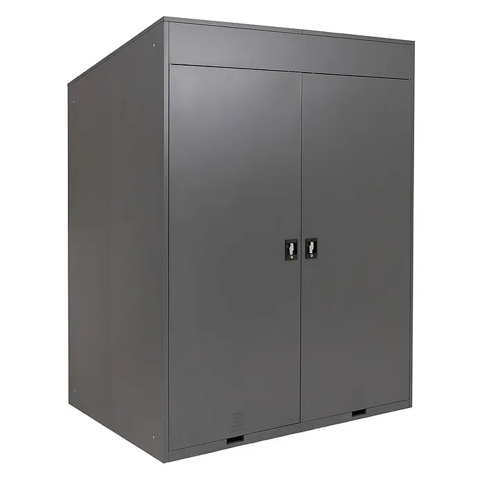 Proregal Fahrradgarage 2er abschließbar - 125 x 158 x 213 cm, Grau - Dunkelgrauer Metallschrank mit zwei Türen, Griffen und Lüftungsschlitzen unten.