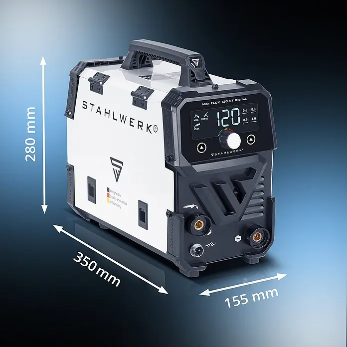STAHLWERK Fülldrahtschweißgerät Schweißgerät Mini FLUX 120 ST Digital Fülldraht MMA/ARC LIFT TIG - Schweißstrom: 120 A, 230 V - Kompaktes weiß-schwarzes STAHLWERK Schweißgerät mit Digitalanzeige und Anschlüssen, Maße sichtbar.