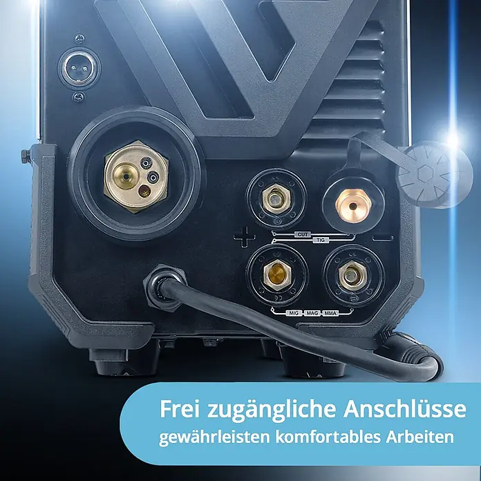 STAHLWERK Kombi-Schweißgerät CTM-250 ST Vollausstattung -  - Rückseite eines Schweißgeräts mit klar beschrifteten, zugänglichen Messinganschlüssen für MIG/MAG, WIG, MMA und CUT.