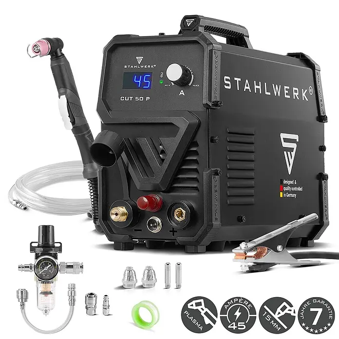 STAHLWERK Plasmaschneider Plasmaschneider CUT 50 P - 45 A Inverter - Schweißstrom: 45 A, 230 V - Schwarzer STAHLWERK CUT 50 P Plasmaschneider mit 45A Digitalanzeige, mit Brenner, Druckregler, Masseklemme und Zubehör.
