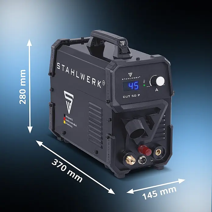 STAHLWERK Plasmaschneider Plasmaschneider CUT 50 P - 45 A Inverter - Schweißstrom: 45 A, 230 V - Schwarzer Stahlwerk CUT 50 P Plasmaschneider, 280x370x145mm. Digitalanzeige zeigt '45'.