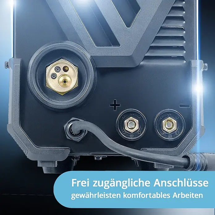 STAHLWERK MIG/MAG-Schweißgerät Schweißgerät MIG MAG 200 ST Digital - Schweißstrom: 200 A, 230 V - Dunkelgraues Gerät mit gut sichtbaren, zugänglichen goldfarbenen und schwarzen Anschlüssen für komfortables Arbeiten.