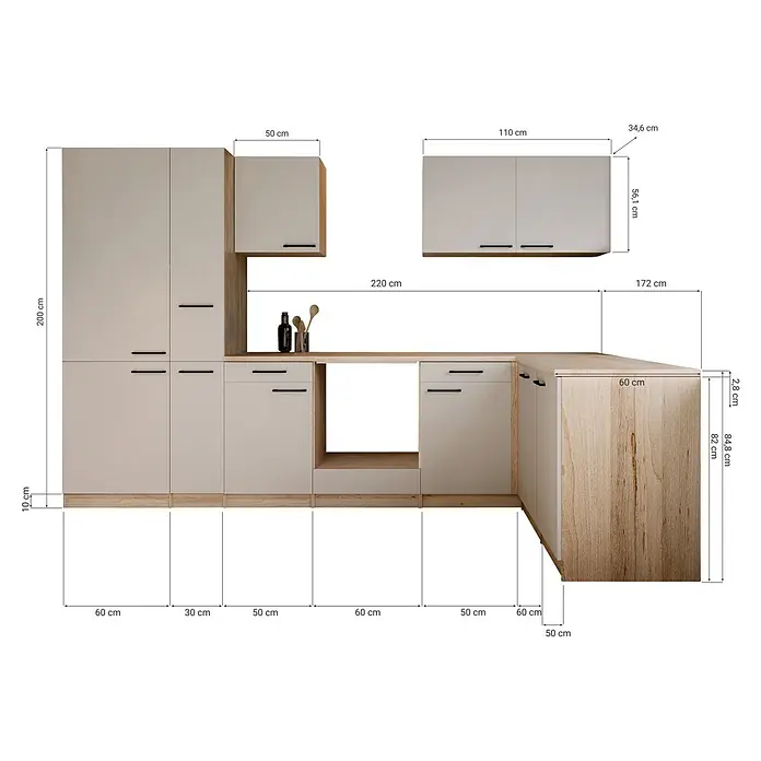Respekta Merle Küchenleerblock - B x L: 310 x 172 cm, Kaschmir, Ohne Elektrogeräte - L-förmige Küchenzeile mit hellen Holzdetails und beigefarbenen Schranktüren, mit verschiedenen Staufächern und detaillierten Maßen.