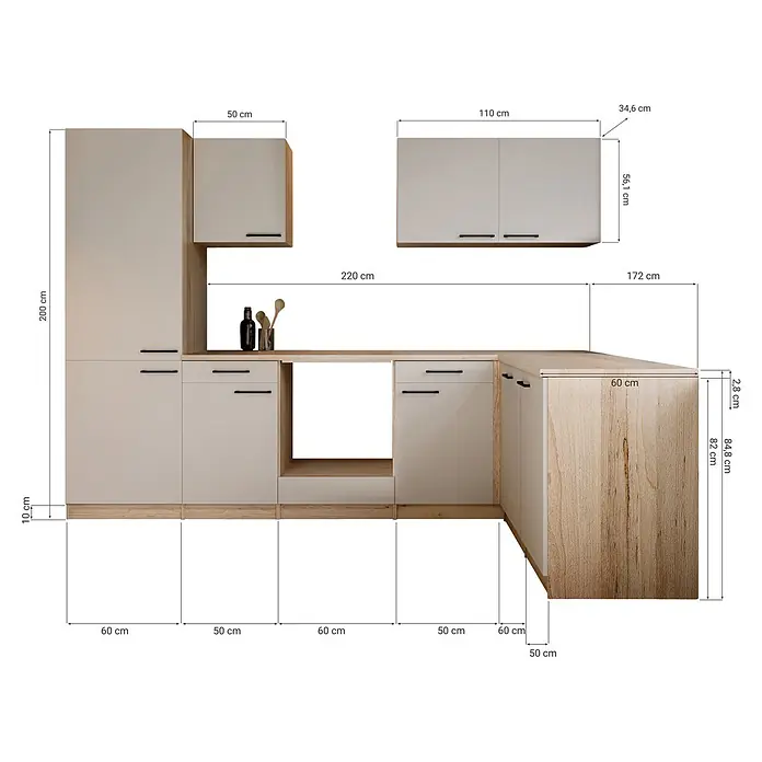 Respekta Merle Küchenleerblock - B x L: 280 x 172 cm, Kaschmir, Ohne Elektrogeräte - L-förmige Modulküche in Beige und Holzoptik mit Schränken und Arbeitsplatte, detaillierte Abmessungen.