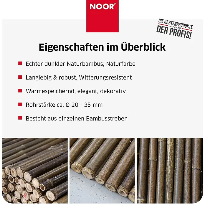 NOOR Sichtschutzelement BLACK EDITION Bambusmatte - Naturmaterialien, Schwarz - Dunkle Naturbambusstäbe, detailliert beschrieben mit Eigenschaften wie Robustheit, Witterungsbeständigkeit und einem Durchmesser von 20-35 mm.