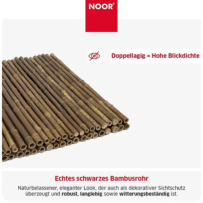 NOOR Sichtschutzelement BLACK EDITION Bambusmatte - Naturmaterialien, Schwarz - Robustes, doppellagiges schwarzes Bambus-Sichtschutzgitter für hohe Blickdichte und Witterungsbeständigkeit.