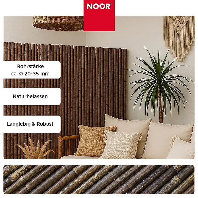 NOOR Sichtschutzelement BLACK EDITION Bambusmatte - Naturmaterialien, Schwarz - Robuster, naturbelassener Sichtschutz aus dunkelbraunem Bambusrohr (Ø ca. 20-35mm), als Raumteiler im Innenbereich genutzt.
