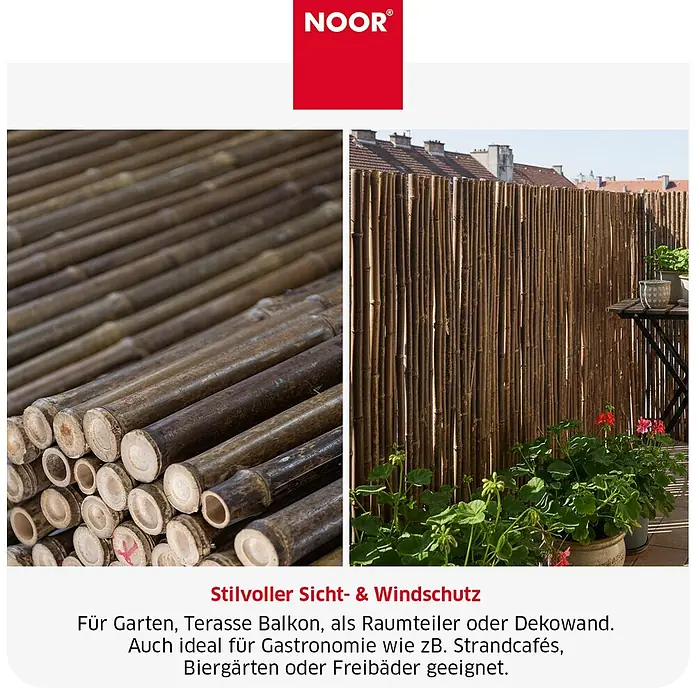 NOOR Sichtschutzelement BLACK EDITION Bambusmatte - Naturmaterialien, Schwarz - Brauner Bambus-Sichtschutz aus natürlichen Rohren, auf einem Balkon als Zaun und als Stapel gezeigt.