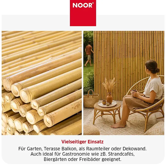 NOOR Sichtschutzelement DELUXE Bambusmatte - Naturmaterialien, Natur - Goldener Bambus-Sichtschutz und gestapelte Bambusstangen, ideal für Garten, Terrasse und Balkon.