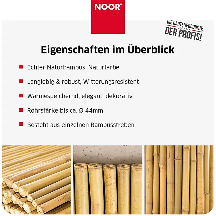 NOOR Sichtschutzelement DELUXE Bambusmatte - Naturmaterialien, Natur - Natürlicher Bambus in Naturfarbe, langlebig, witterungsbeständig. Zeigt Rohrstärken bis Ø 44mm und einzelne Bambusstreben.