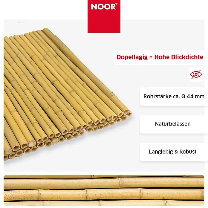NOOR Sichtschutzelement DELUXE Bambusmatte - Naturmaterialien, Natur - Gebündelte, naturbelassene Bambusrohre (ca. 44mm Durchmesser) für einen robusten, blickdichten Sichtschutz.