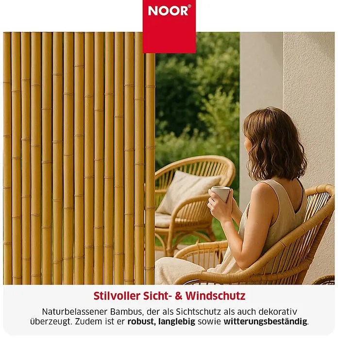 NOOR Sichtschutzelement DELUXE Bambusmatte - Naturmaterialien, Natur - Natürlicher Bambus-Sichtschutz für stilvollen Sicht- und Windschutz auf einer Terrasse.