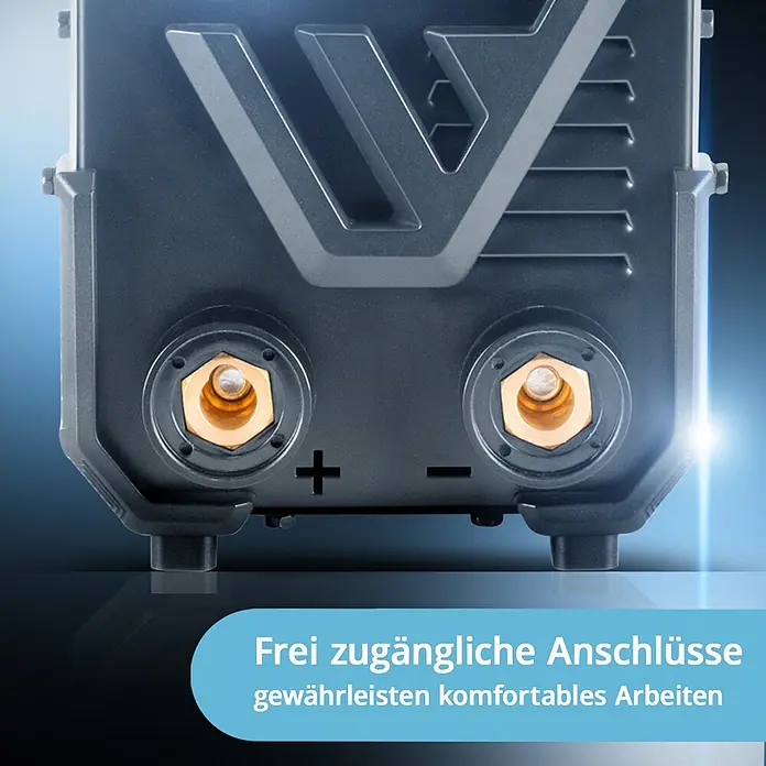 STAHLWERK Kombi-Schweißgerät ARC 200 Synergic Pro MMA Lift TIG - Schweißstrom: 200 A - Dunkelgraues Gerät mit prominenten gold-kupferfarbenen Elektroanschlüssen, deutlich gekennzeichneten Plus- und Minuspols für einfachen Zugang.