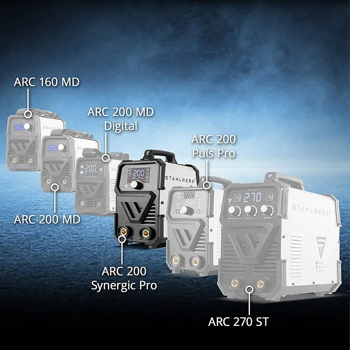 STAHLWERK Kombi-Schweißgerät ARC 200 Synergic Pro MMA Lift TIG - Schweißstrom: 200 A - Produktreihe der Stahlwerk ARC Schweißgeräte, inkl. ARC 200 Synergic Pro (schwarz) und weitere Modelle in Grau.