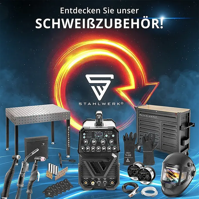 STAHLWERK Elektrodenschweißgerät ARC 200 MD - DC Vollausstattung - Schweißstrom: 200 A, 230 V - Eine umfassende Kollektion von STAHLWERK Schweißgeräten und Zubehör in Schwarz und Grau, darunter ein Multifunktions-Schweißgerät, Schweißtisch, Helm und Werkzeuge.