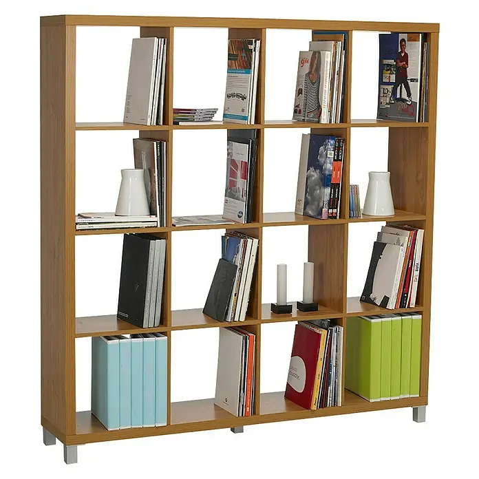 Estantería de madera Kubox - Al x An x Pr: 153 x 146 x 29 cm, Número de baldas: 16 ud., Arce - Estantería con compartimentos cuadrados y varios libros, artículos de oficina y salón para almacenamiento.