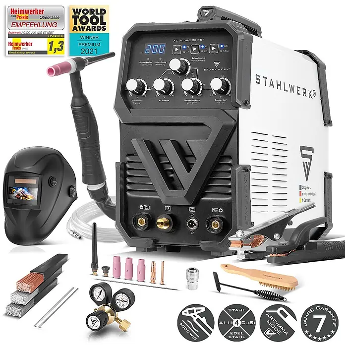 STAHLWERK Kombi-Schweißgerät Kombi Schweißgerät AC/DC WIG 200 ST IGBT Vollausstattung -  - Weiß-schwarzes Stahlwerk AC/DC WIG 200 ST Schweißgerät mit Helm, Brenner und komplettem Zubehör für WIG/MMA-Schweißen.