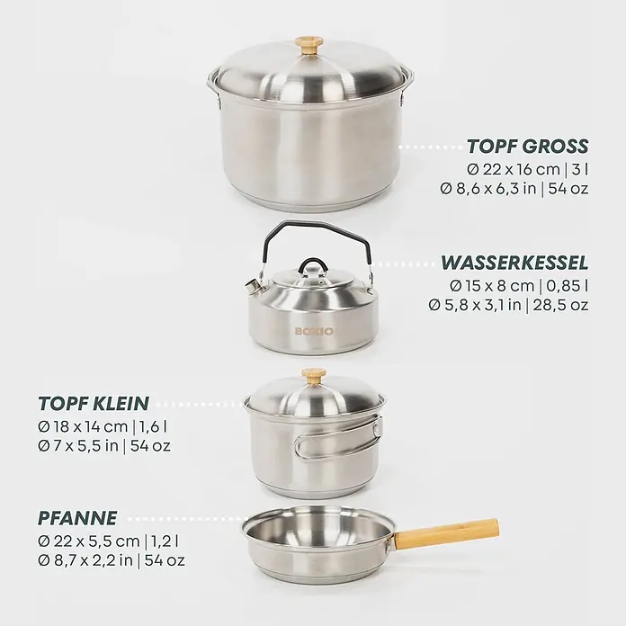 Boxio Gaskocher Cook Plus - 40 x 30 x 27 cm, Edelstahl - Camping-Kochgeschirr-Set aus Edelstahl mit großem Topf, kleinem Topf, Kessel und Pfanne mit Holzelementen.