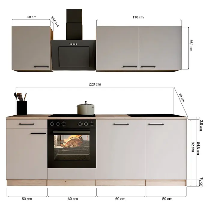 Respekta Küchenzeile Merle - Breite: 220 cm, Kaschmir, Mit Elektrogeräten - Moderne Küche mit hellgrauen Schränken, schwarzen Geräten und Holzarbeitsplatte. Mit Hängeschränken, Dunstabzugshaube, Backofen und Kochfeld mit Maßen.