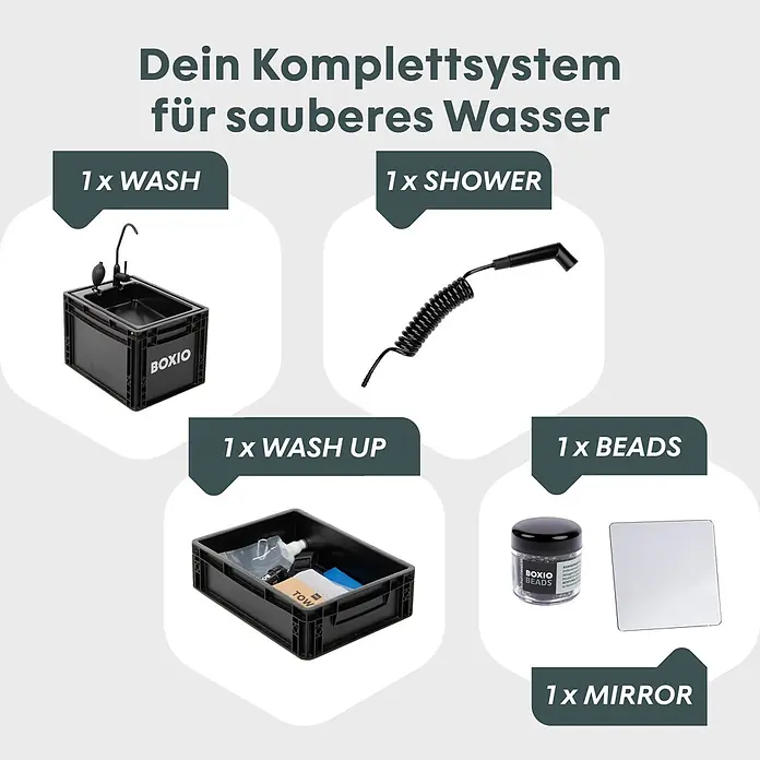 Boxio Campingwaschbecken Wash Max+ - 40 x 30 x 40 cm, 5 -tlg. - Ein tragbares Wassersystem: schwarzes Waschbecken, Brauseschlauch, Spülset, Reinigungsperlen und Spiegel.