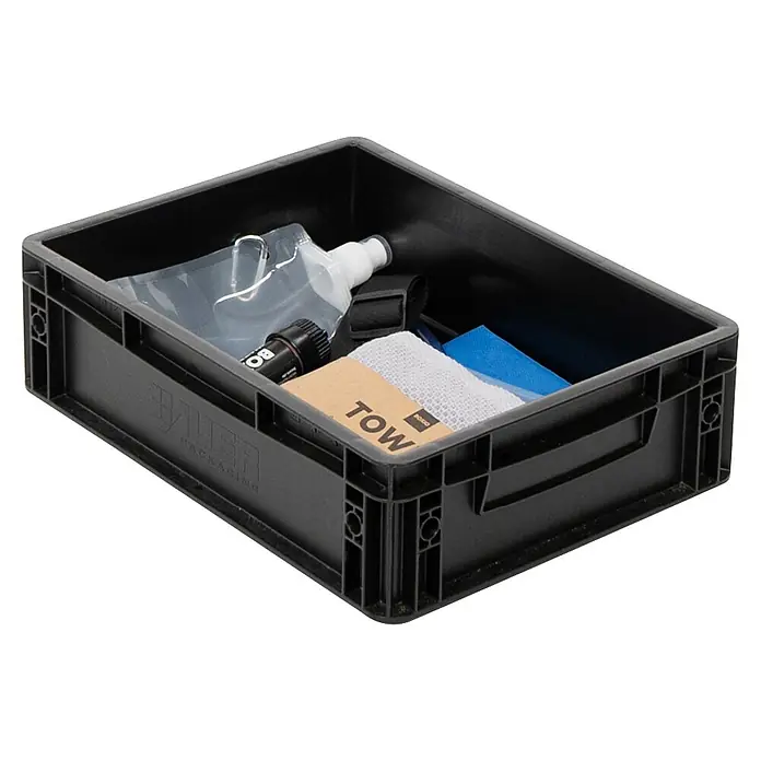 Boxio Campingwaschbecken Wash Max+ - 40 x 30 x 40 cm, 5 -tlg. - Schwarze Kunststoff-Stapelbox mit Faltflasche, Behälter und Textilien, ideal zur vielseitigen Organisation.