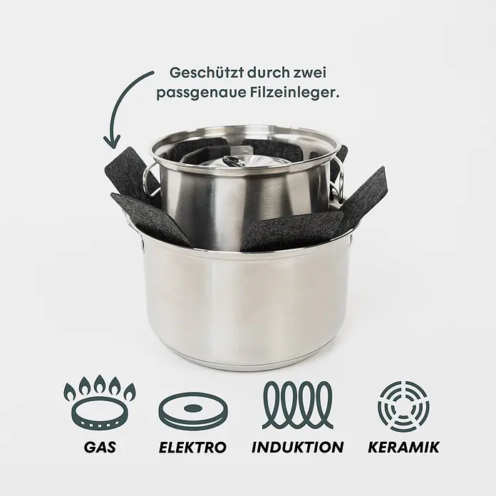 Boxio Gaskocher Cook Plus - 40 x 30 x 27 cm, Edelstahl - Ineinandergestapeltes Edelstahl-Topfset mit schützenden Filzeinlagen. Kompatibel mit Gas-, Elektro-, Induktions- und Keramikkochfeldern.