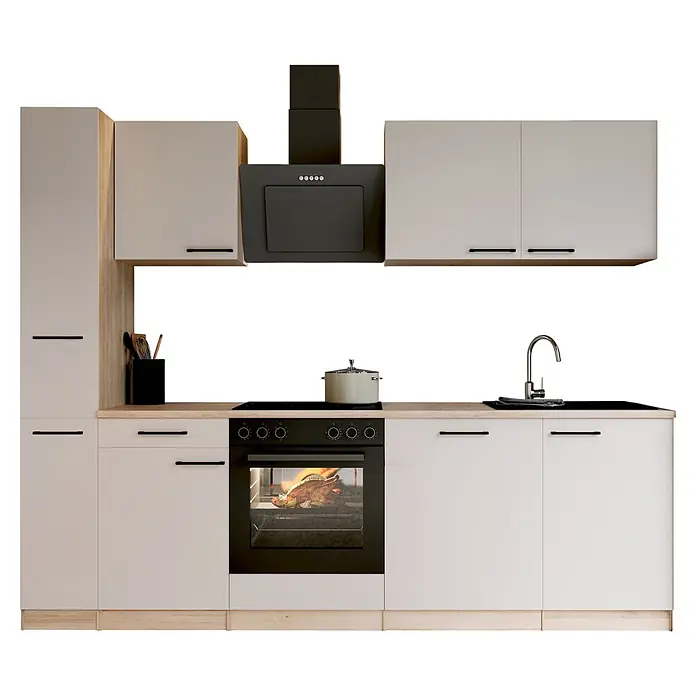 Respekta Küchenzeile Merle - Breite: 250 cm, Kaschmir, Mit Elektrogeräten - Moderne Küche mit weißen und Holzschränken, schwarzen Geräten und einer hellen Holzarbeitsplatte, mit einem Backofen mit Bratgut.
