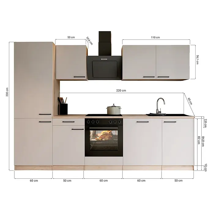 Respekta Küchenzeile Merle - Breite: 280 cm, Kaschmir, Mit Elektrogeräten - Moderne L-förmige Küchenzeile mit hellbeigen Schränken, Holzoptik-Arbeitsplatte, integriertem Backofen, Kochfeld, Spüle und Dunstabzugshaube.