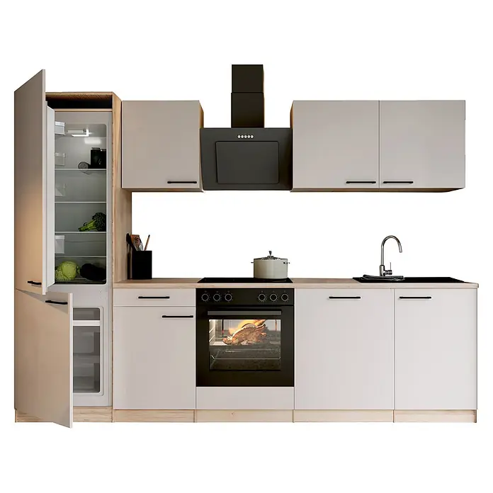 Respekta Küchenzeile Merle - Breite: 280 cm, Kaschmir, Mit Elektrogeräten - Moderne helle Küche mit Holz-Arbeitsplatte, schwarzen Geräten wie Dunstabzug, Kochfeld, Ofen mit Hähnchen, Spüle und offenem Kühlschrank.