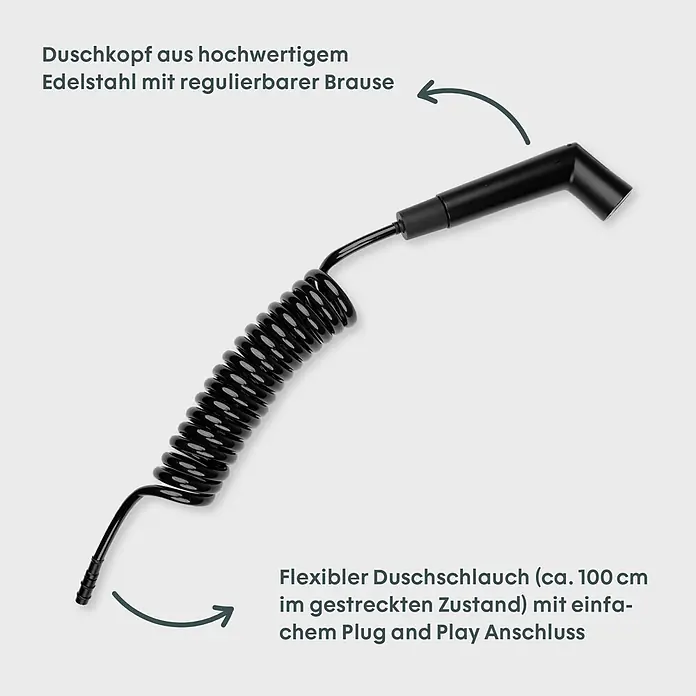 Boxio Handbrause Shower - Schwarz - Schwarzer Duschkopf mit Spiralschlauch. Duschkopf aus Edelstahl mit regulierbarer Brause und flexiblem 100 cm Schlauch.
