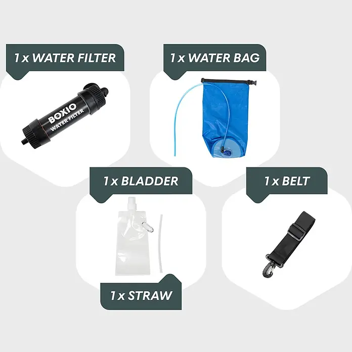 Boxio Wasserfilter Set - 5 -tlg. - Tragbares Wasserfilter-Kit mit schwarzem Filter, blauer Wassertasche mit Schlauch, transparenter Blase, Trinkhalm und schwarzem Tragegurt.