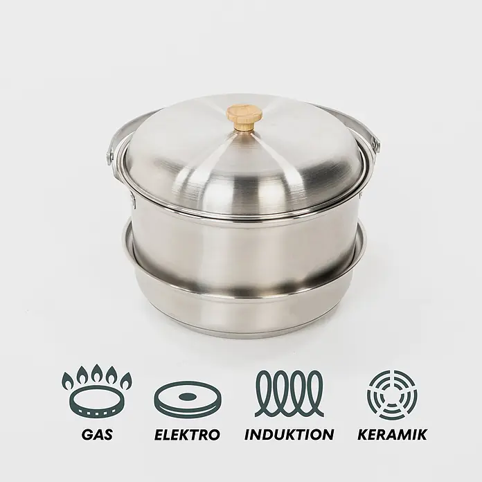Boxio Topf Set Cookware - Edelstahl - Dampfgarer aus Edelstahl mit Holzknauf. Kompatibel mit Gas-, Elektro-, Induktions- und Keramikkochfeldern.