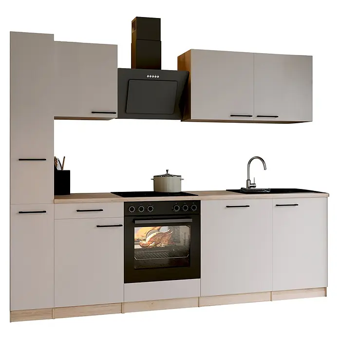 Respekta Küchenzeile Merle - Breite: 250 cm, Kaschmir, Mit Elektrogeräten - Moderne Küchenzeile mit hellbeigen Schränken, Holzplatte, schwarzen Geräten und einem Brathähnchen im Ofen.