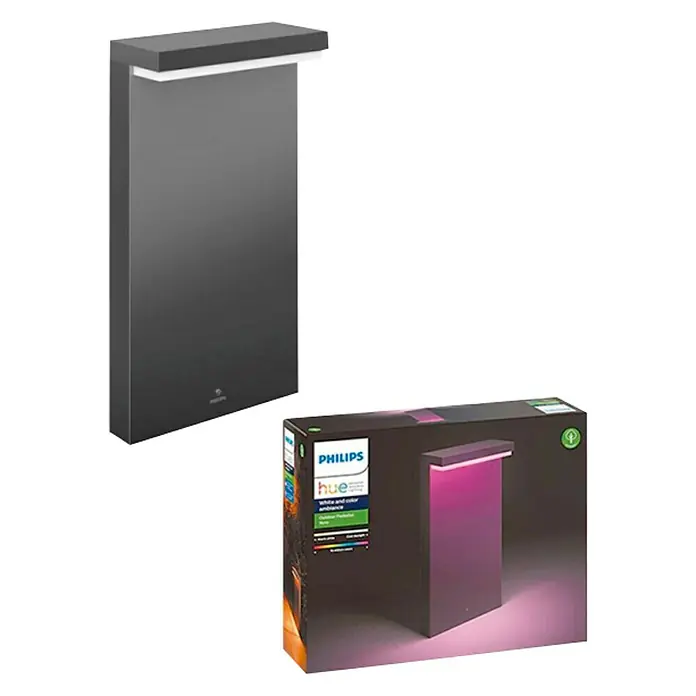Philips Hue Sobremuro exterior Nyro - 13,5 W, Color del marco: Negro, RGBW, 9,9 x 25,5 x 40 cm, Con bombillas - Toma de producto de una linterna Philips Hue con su caja, un atractivo para tu jardín.
