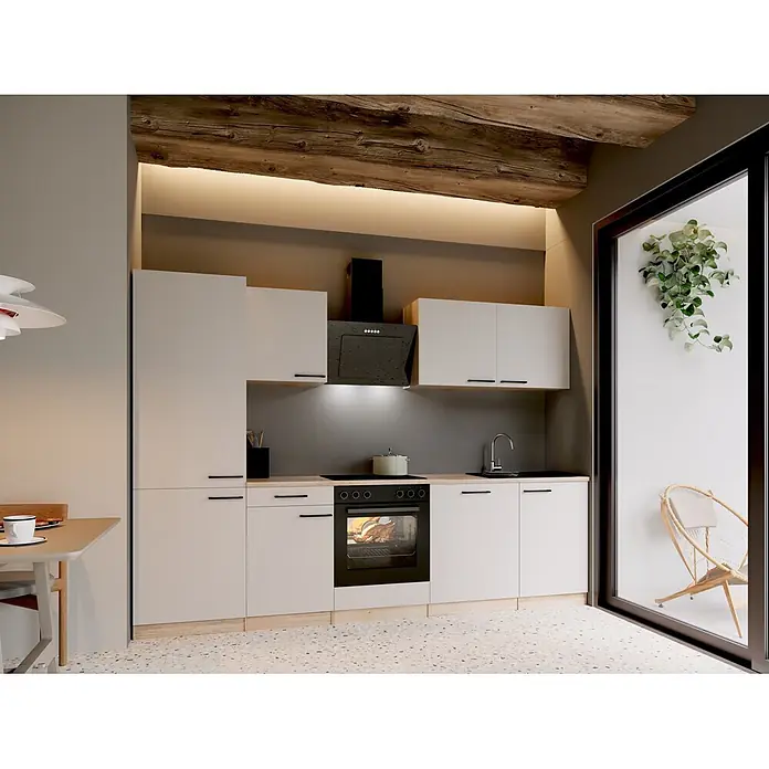 Respekta Küchenzeile Merle - Breite: 280 cm, Kaschmir, Mit Elektrogeräten - Moderne Küche mit hellen Schränken, dunklen Geräten, Holzbalken und einem Essbereich; Backofen mit Essen.
