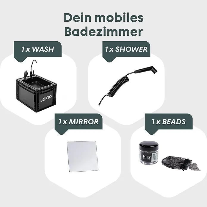 Boxio Campingwaschbecken Wash Plus - 40 x 30 x 28 cm, 4 -tlg. - Mobiles Badezimmer-Set: tragbares Waschbecken, Brauseschlauch, Spiegel und Dose mit Reinigungsperlen.