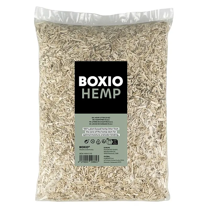 Boxio Trenntoiletten-Streu - Passend für: Boxio Campingtoilette - Eine transparente Plastiktüte mit hellbraunem BOXIO HEMP Streu, aus Hanfstängeln für Feuchtigkeits- und Geruchsbindung.