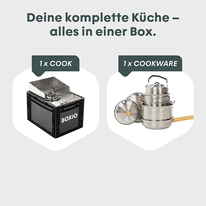 Boxio Gaskocher Cook Plus - 40 x 30 x 27 cm, Edelstahl - Eine tragbare Küchenausstattung: schwarze BOXIO-Box mit integriertem Kocher und Edelstahl-Töpfe, Pfannen und Wasserkocher.