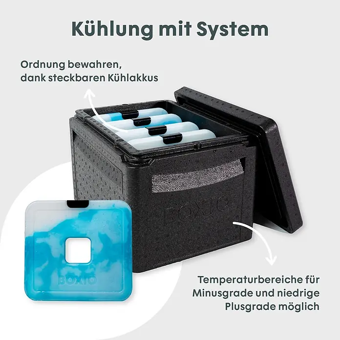 Boxio Kühlbox Cool Plus - Schwarz, 16 l, 3 -tlg. - Schwarze Isolierbox mit offenem Deckel, darin blaue und weiße stapelbare Kühlakkus. Ein Kühlakku ist separat abgebildet.