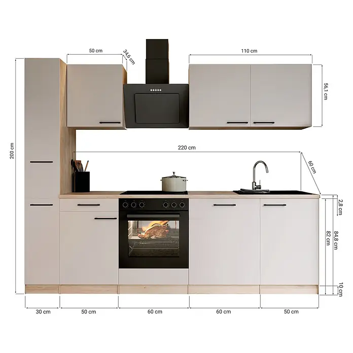 Respekta Küchenzeile Merle - Breite: 250 cm, Kaschmir, Mit Elektrogeräten - Moderne Küchenschränke in hellen Tönen mit Holzapplikationen, integriertem Backofen, Kochfeld, Spüle und Dunstabzugshaube, detailliert bemaßt.