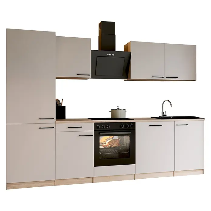Respekta Küchenzeile Merle - Breite: 280 cm, Kaschmir, Mit Elektrogeräten - Moderne Küche mit hellbeigen Schränken, Holz-Arbeitsplatten, schwarzen Geräten (Backofen, Kochfeld, Dunstabzugshaube) und Chromspüle.