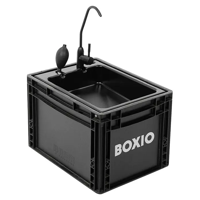 Boxio Campingwaschbecken Wash - 40 x 30 x 28 cm, 1 -tlg. - Schwarze tragbare Spüleinheit mit Wasserhahn und Handpumpe, in eine Kiste integriert.