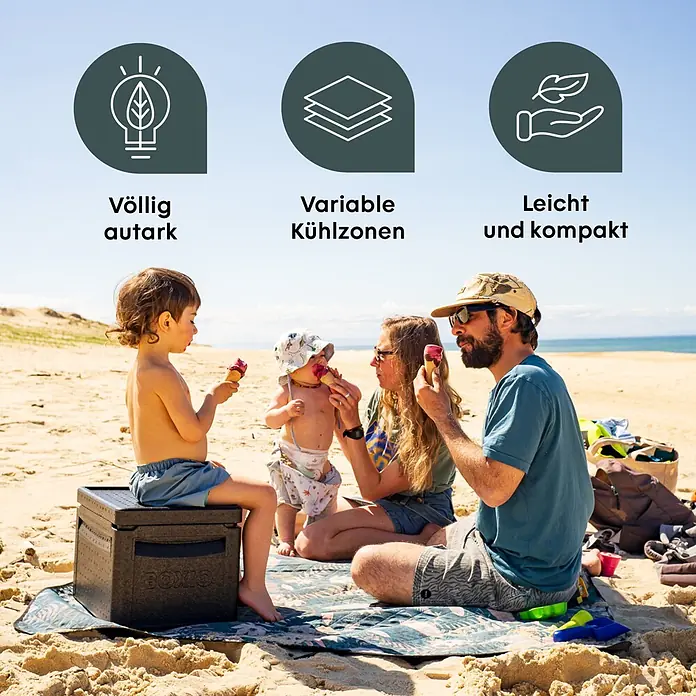 Boxio Kühlbox Cool - Schwarz, 16 l, 1 -tlg. - Schwarze BOXIO Kühlbox wird von einem Kind am Strand als Sitz genutzt, während die Familie Eis isst.