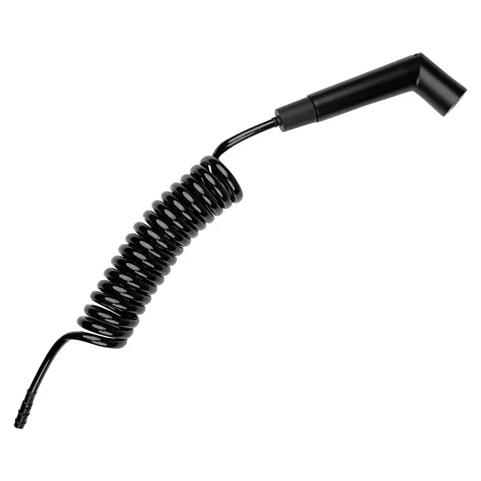Boxio Handbrause Shower - Schwarz - Schwarzes Zündkerzenkabel, spiralförmig, mit L-förmigem Stecker und geriffeltem Ende.