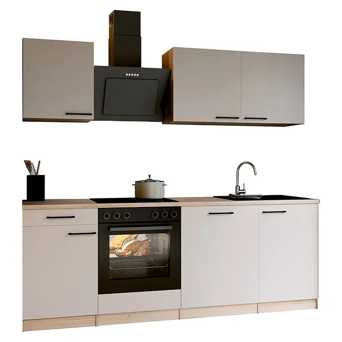 Respekta Küchenzeile Merle - Breite: 220 cm, Kaschmir, Mit Elektrogeräten - Moderne Küchenzeile mit hellen Schränken, Arbeitsplatte in Holzoptik, schwarzem Backofen, Kochfeld, Spüle und Dunstabzugshaube.