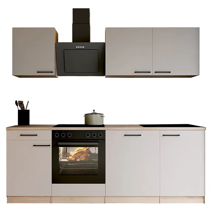 Respekta Küchenzeile Merle - Breite: 220 cm, Kaschmir, Mit Elektrogeräten - Moderne Küche mit hellbeigen Schränken, schwarzen Geräten (Dunstabzug, Ofen, Kochfeld) und Arbeitsplatte in Holzoptik. Braten im Ofen.