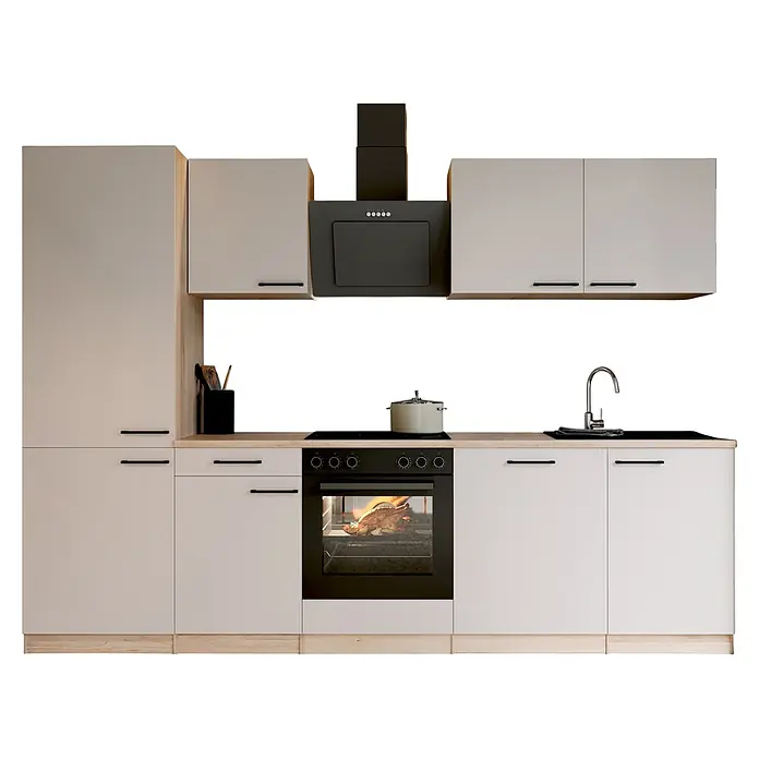 Respekta Küchenzeile Merle - Breite: 280 cm, Kaschmir, Mit Elektrogeräten - Moderne Küchenzeile mit hellen Schränken, Arbeitsplatte in Holzoptik und schwarzen Geräten inklusive Backofen und Spüle.