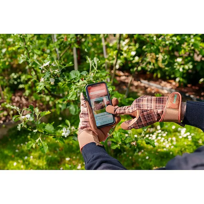 Gardol Gartenhandschuhe für Pflegearbeiten - 10, XL, Braun - Person in karierten Gartenhandschuhen betrachtet eine Garten-Aufbewahrungsbox in der Bauhaus-App im Garten.
