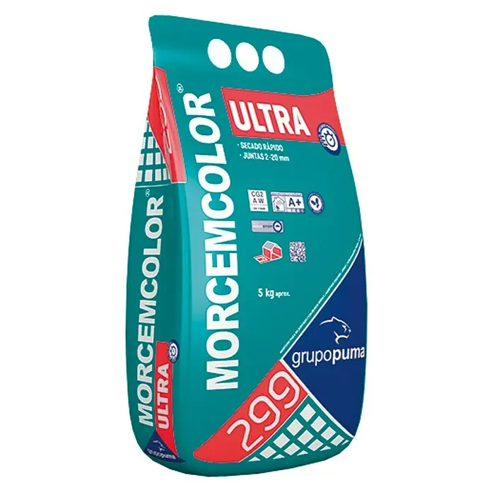 Grupo Puma Mortero para juntas Morcemcolor Ultra - Beige, 5 kg - Imagen de un saco de cemento de endurecimiento rápido Morcemcolor Ultra, ideal para juntas de 2-20 mm, con un peso neto de 5 kg.
